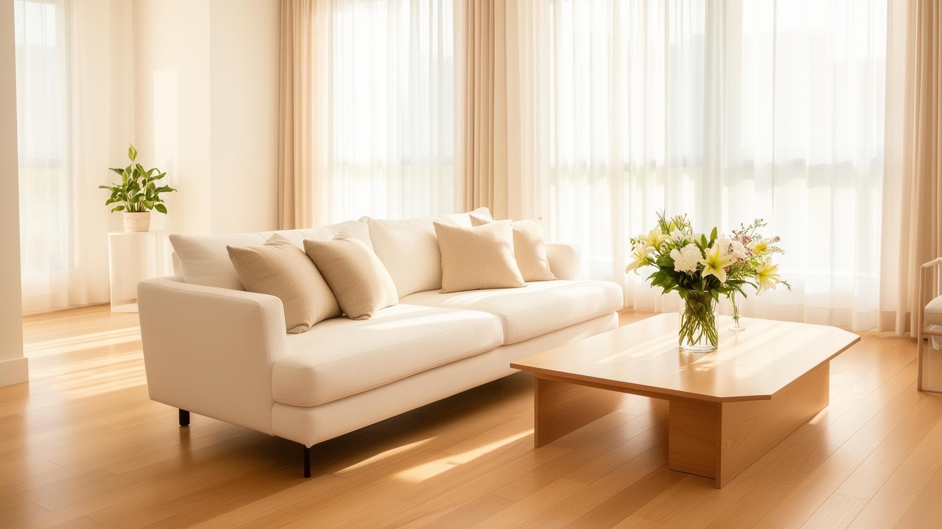 Bright, freshly cleaned sunlit living room with white sofa